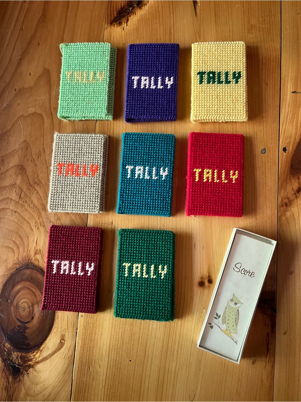 Set of 8 Hand-Needlepoint ‘TALLY' Score Covers in Mixed Colors with 4 Score Pads